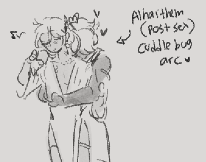 a handdrawn sketch of a couple hugging. the character on the left has short, messy hair and is wearing a loosefitting robe with a long, flowing sleeve. the character on the right is tall and muscular and has a large, fluffy scarf around their neck. the sketch is in black and white, and the