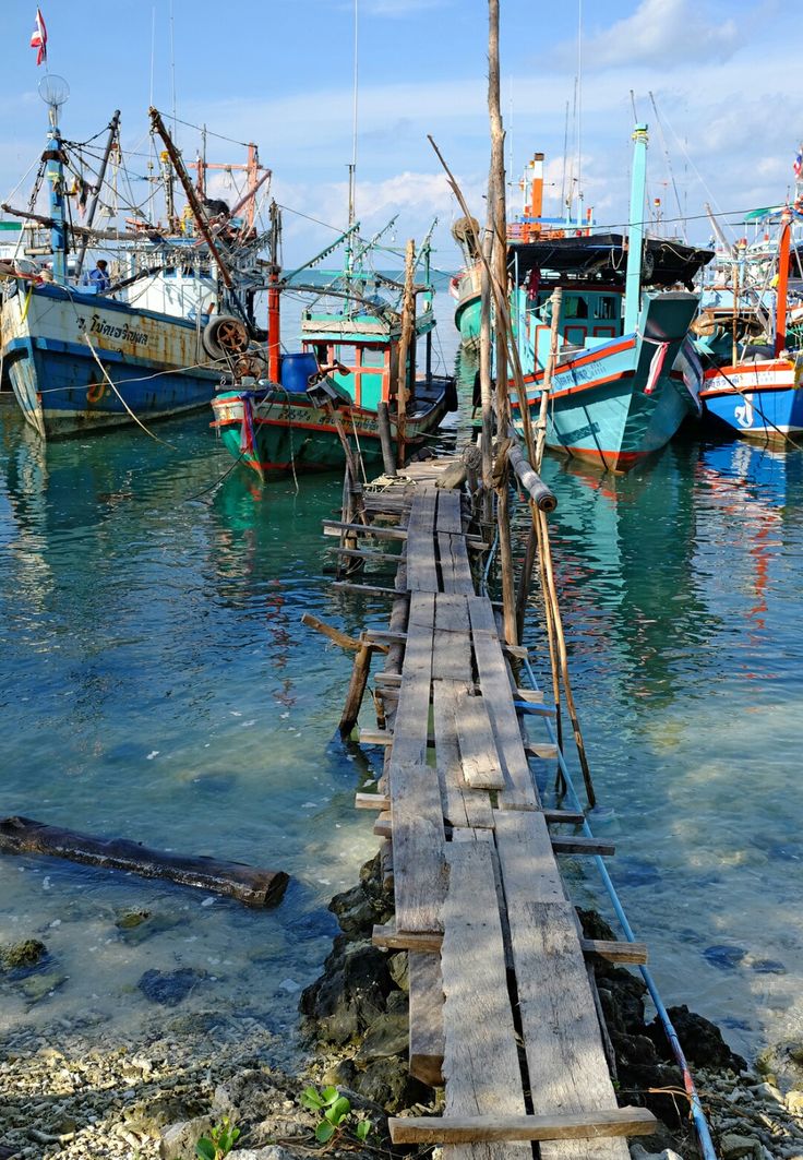 the image shows a wooden pier leading out to several colorful fishing boats docked in a harbor or seaside area. the water is clear blue, revealing the ocean floor near the shore. the pier is made of aged, weathered wooden planks with visible supports, suggesting its age and exposure to the marine environment. the boats vary in size and color, with details like masts, cranes, and various equipment visible on their decks. the scene captures a tranquil coastal atmosphere under a bright sky.