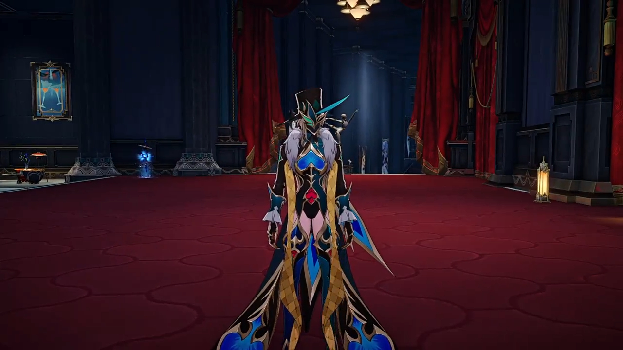this is a 3d rendered image of a male character standing in a video game. he is wearing a fancy, detailed costume with a hat, a red and gold color scheme, and a blue cloak.  he is standing on a red carpet in a large, empty room. the character appears to be from a fantasy video game.