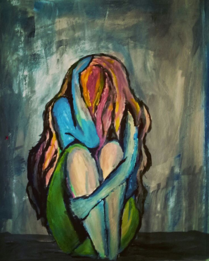 a painting of a sad woman. she is sitting down with her arms wrapped around her legs, hiding her face in her hair.  the colors are dark, moody, and expressive, conveying a sense of deep sadness and loneliness.