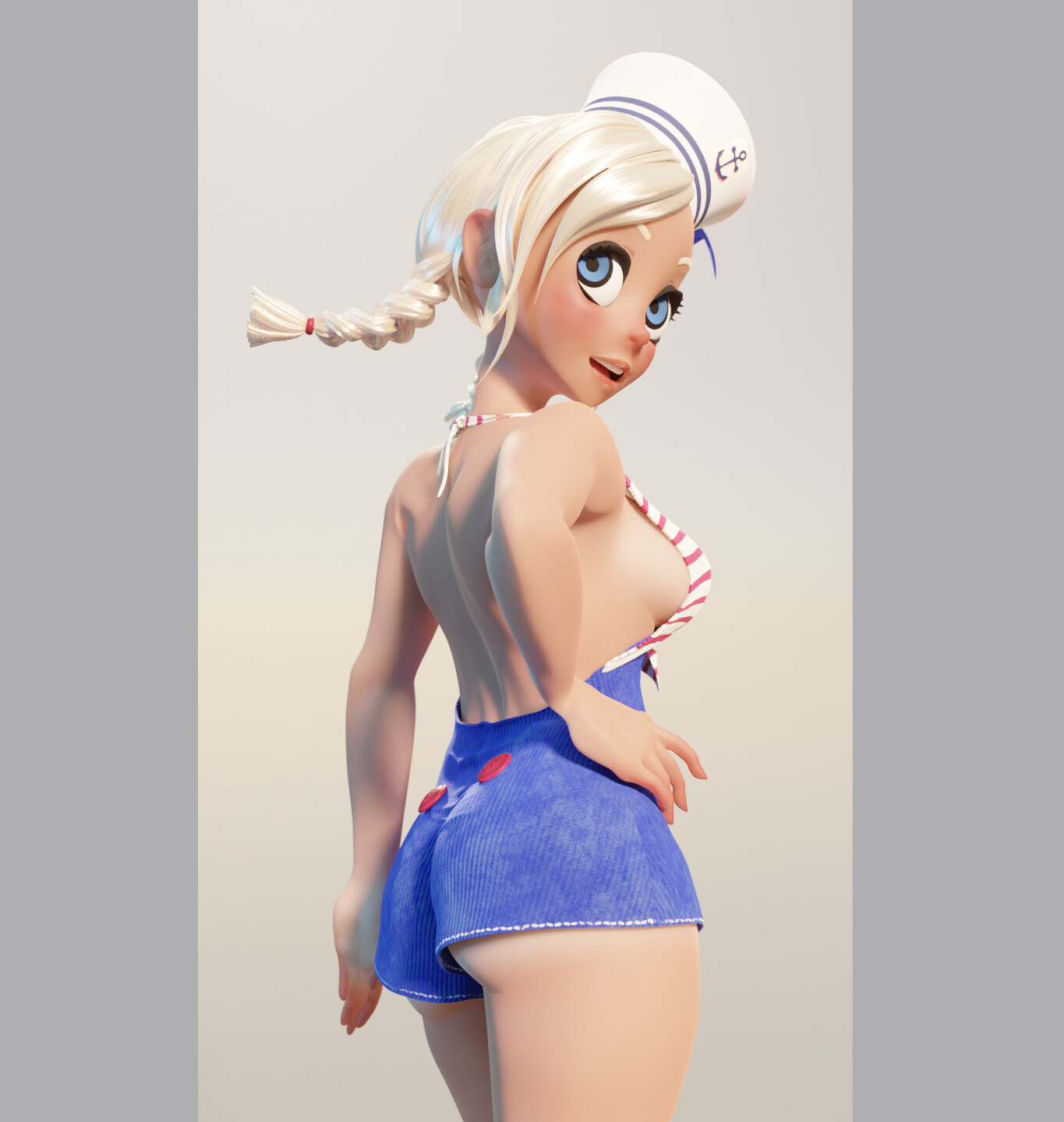 a cute 3d anime girl is posing for a photograph in a sailor suit and denim shorts. she's wearing a white hat with a red anchor, a red and white striped halter top, and blue denim shorts. she is facing away from the camera and looking back over her shoulder with a sweet and innocent expression. the background is a simple white wall, allowing her bright colors and cute features to stand out.