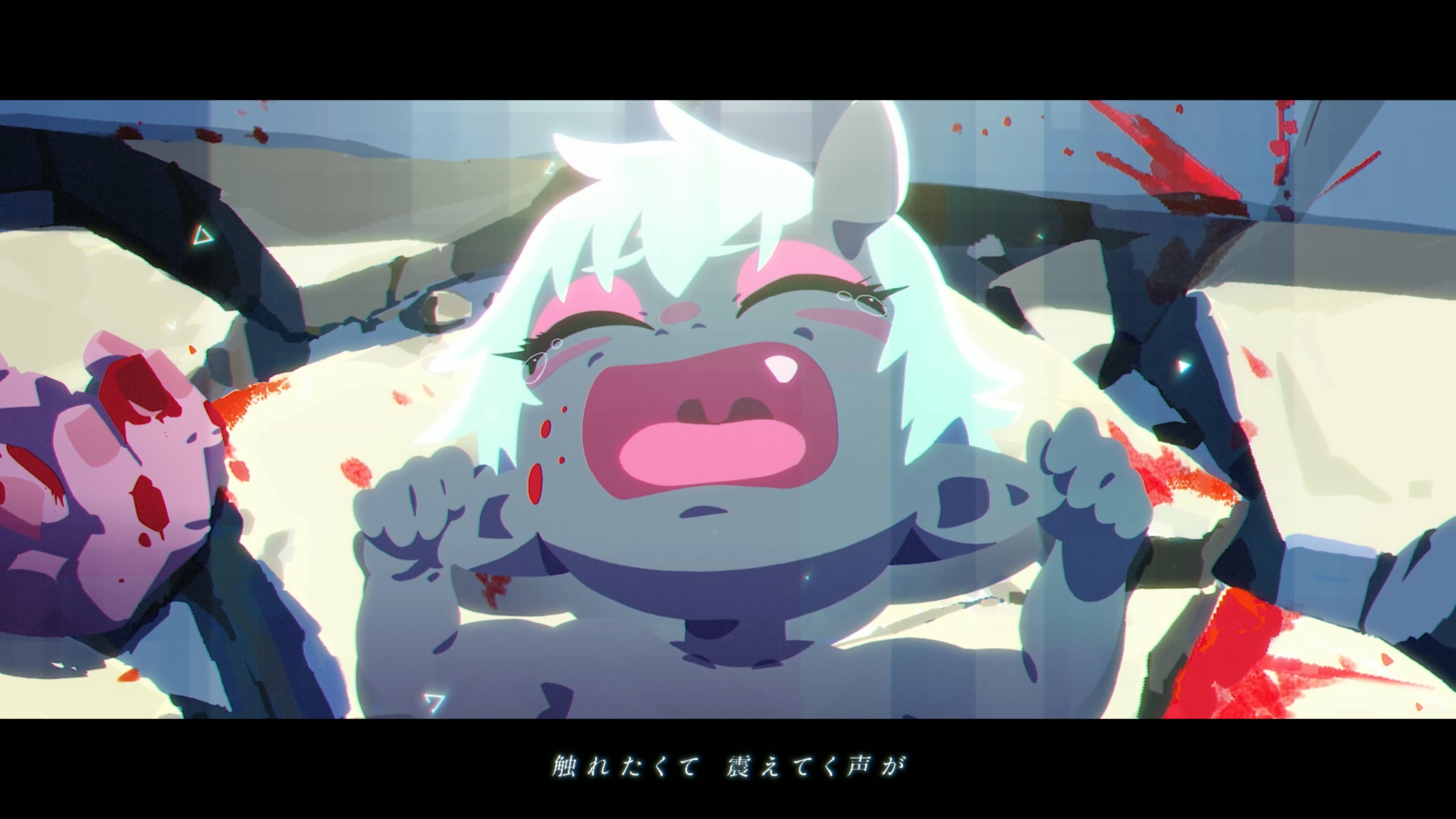 a baby with white hair, horns, and a tail cries in a crib surrounded by blood. the image is brightly lit with a high contrast, giving it a graphic and disturbing quality. the baby's cries and the presence of blood suggest a tragic event, implying the death of one or both parents.