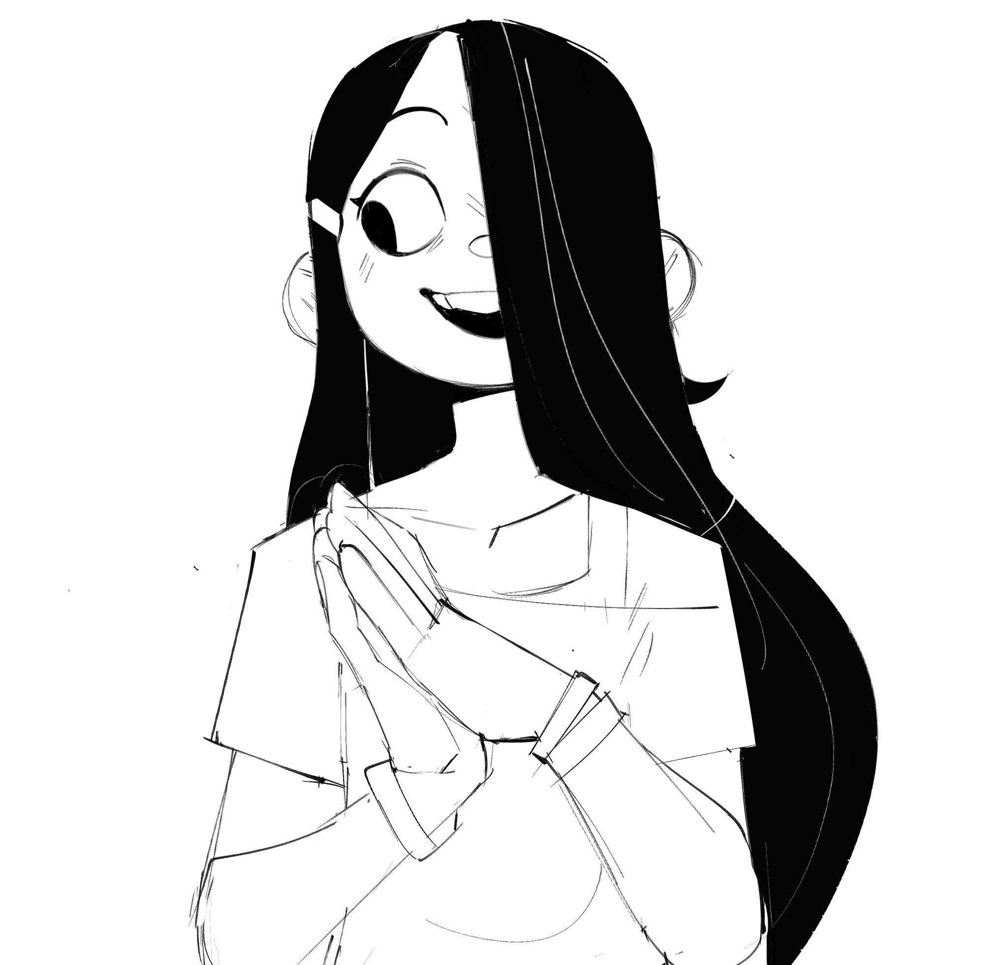a black and white sketch of a woman with long black hair. she is smiling and has her hands clasped together in front of her. she has a surprised or excited look on her face.