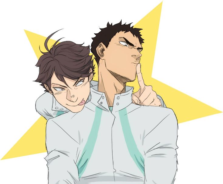 the image is fanart depicting oikawa tooru and iwaizumi hajime from the anime and manga series haikyuu!!.  oikawa has his arm around iwaizumi from behind, while iwaizumi holds a finger to his lips, suggesting a secret or quiet moment. both are in their aoba johsai high school volleyball uniforms. the background features a stylized yellow star. the art style is a clean, slightly softer lineart and coloring common in fan art. the overall mood is playful and suggestive of a close relationship between the two characters.