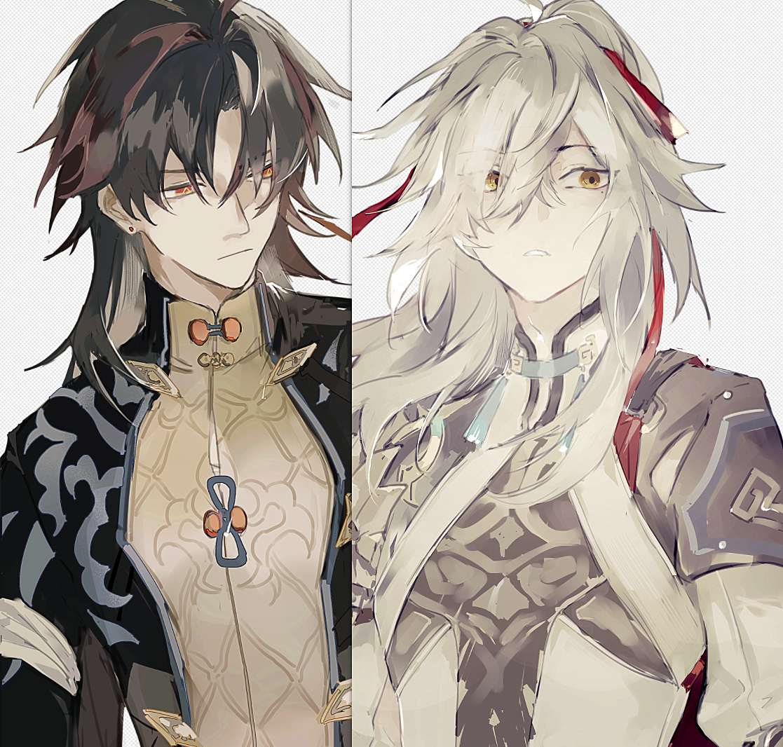 the image is a digital illustration of two anime boys. the boy on the left has black hair, red eyes, and is wearing a black and gold chineseinspired outfit. the boy on the right has white hair, yellow eyes, and is wearing a white and grey outfit with a red ribbon. they are both looking away from the viewer.