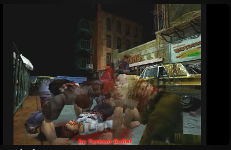 the image appears to be a screenshot from a classic survival horror video game, potentially from the resident evil franchise. it depicts a chaotic scene on a rundown city street at night. several zombies, bloodied and dismembered, lie on the ground.  a lone figure, presumably the player character, stands amongst the carnage. the overall atmosphere is dark, gritty, and violent.  the limited lighting and muted color palette enhance the sense of dread and suspense.