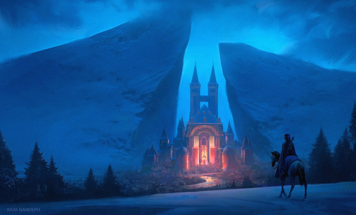 the artwork depicts a breathtaking scene of a majestic castle nestled between towering snowcovered mountains under a twilight sky. the castle is illuminated with a warm, inviting glow, creating a stark contrast against the cold, blue hues of the surrounding environment. a lone rider on horseback approaches the castle, adding a sense of mystery and adventure. the overall mood is one of fantasy and magic, with an emphasis on the stark beauty of a cold, wintry landscape. the style is reminiscent of digital fantasy painting, with exquisite detail and a masterful use of light and shadow. the image suggests a journey towards a destination filled with secrets and wonder.