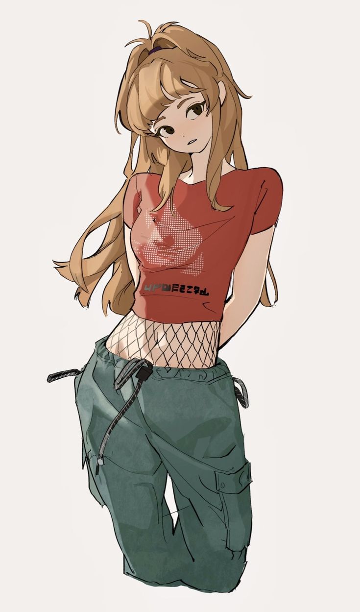 the image showcases a stylish young woman, depicted in an anime/manga style. she's sporting a trendy ensemble: a red cropped tshirt that exposes her midriff, paired with baggy green cargo pants.  her long brown hair is tied back in a ponytail.  the artwork boasts a soft color palette and emphasizes her fashionforward attire.