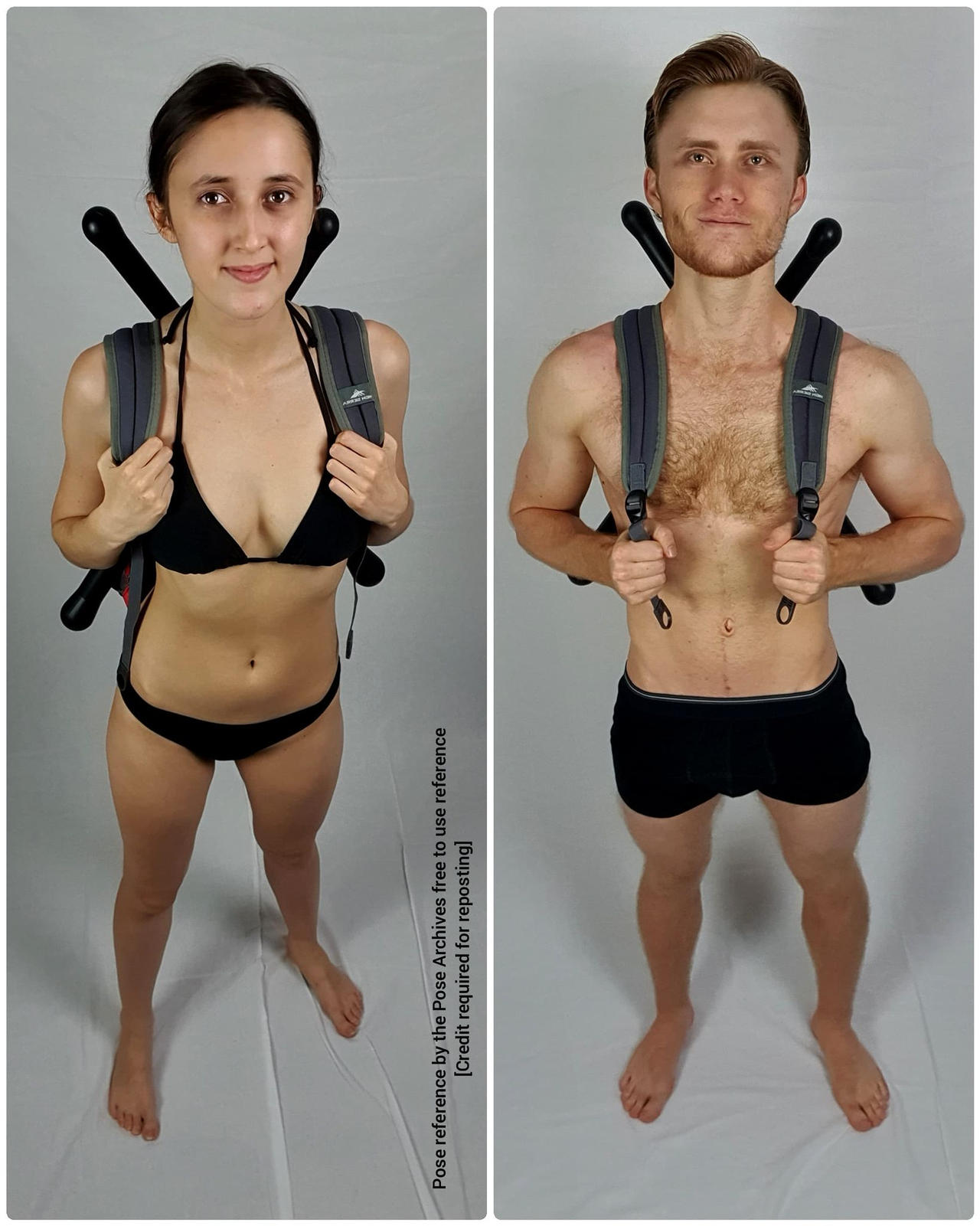 a man and a woman are standing in front of a white background. they are both wearing backpacks and swimwear. the man is shirtless and the woman is wearing a bikini top and bottoms. the image appears to be a pose reference for artists. ```