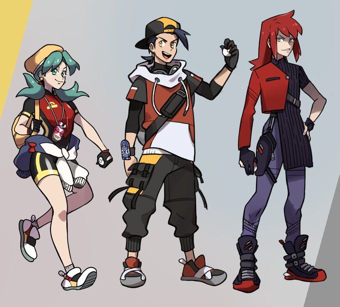 this image depicts a group of three anime characters. the characters are dressed in a way that suggests they are pokemon trainers. the male character is standing in the middle with a red and white hoodie, black pants, and a yellow hat. he has an excited expression on his face. the female character is on the left side of the image with a blue and yellow outfit, a green hat, and a bright expression on her face. the other female character is standing on the right side of the image with a red shirt, black pants, and a red hair color. she is looking at the camera with a calm expression on her face. the image has a colorful and playful style. the digital art uses bright colors and clean lines, creating a whimsical and energetic atmosphere.