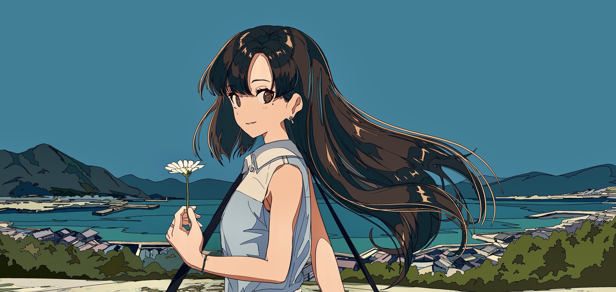 he image is a digital illustration of an animestyle girl with long brown hair that is flowing in the wind. she is holding a single white daisy and is standing in front of a picturesque coastal town with mountains in the background. the girl appears to be happy and serene and is possibly enjoying a summer day. the style of the artwork is stylized with bold lines and color choices, creating a unique aesthetic. the overall mood is pleasant and tranquil.