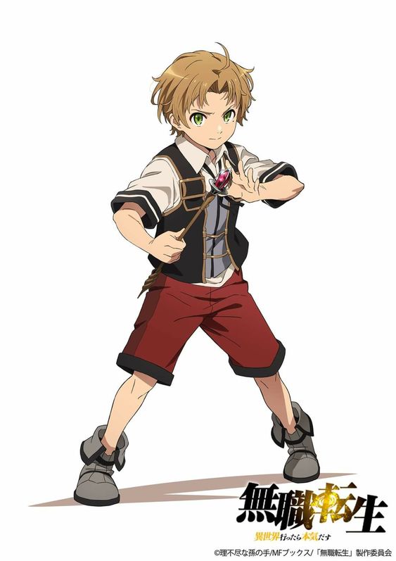 this is an image of a character from the anime series "mushoku tensei: jobless reincarnation". the character is a young boy with blonde hair, green eyes and a large smile on his face. he is wearing a white shirt under a black vest with a red jewel attached to it. he is also wearing red shorts and shoes. he is holding a wooden wand in his right hand. the image is set against a white background.