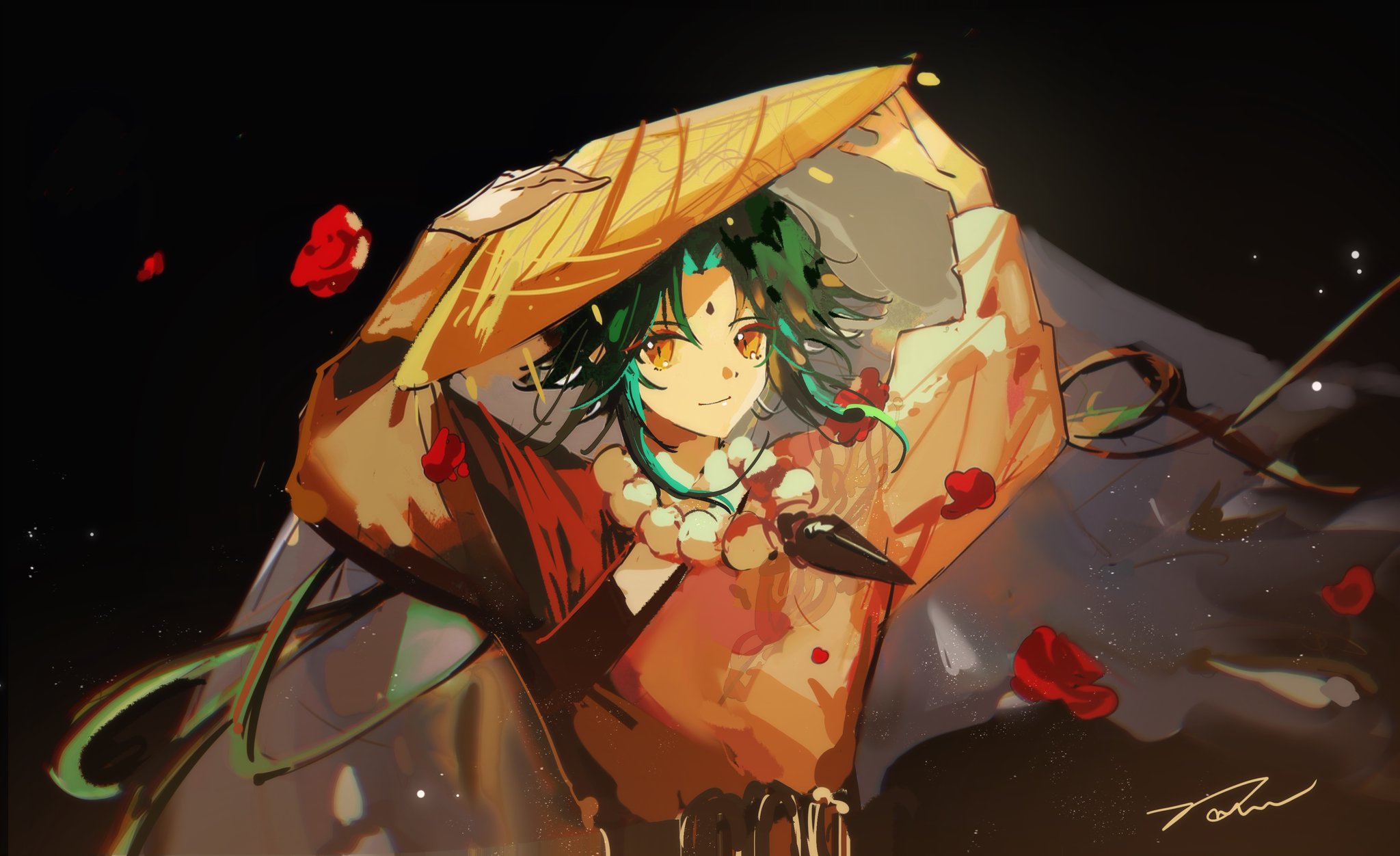 an animestyle illustration of a young woman with long green hair, wearing a yellow hat and a red and orange outfit. she is smiling and looking at the viewer. the background is dark with red flowers floating around her.  the artwork is done in a digital painting style.