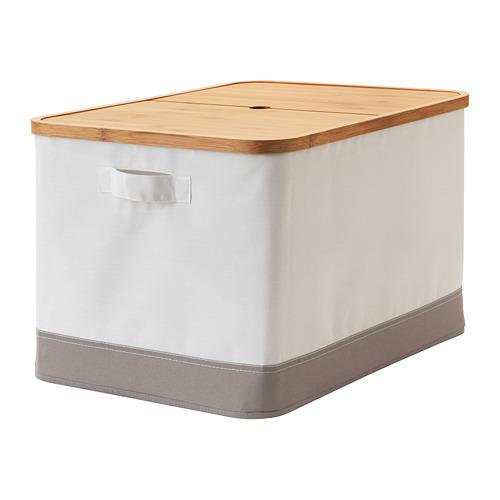 a storage box with a bamboo lid and a white fabric body with a gray bottom band. the box has handles on the sides.