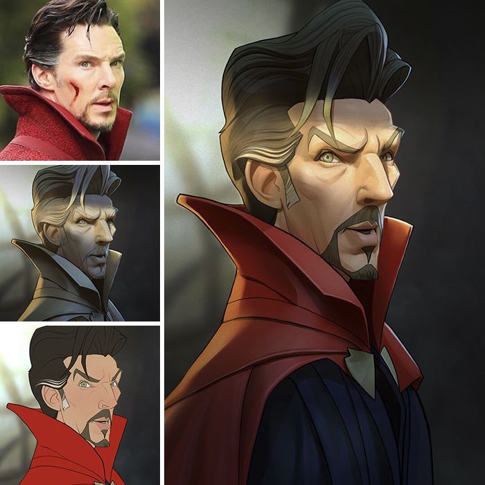 the image is a collage featuring depictions of doctor strange, portrayed by benedict cumberbatch, in various artistic styles. the collage includes a photo of cumberbatch as doctor strange, a digital art version of the character in a more realistic style, and two stylized, cartoonlike illustrations. the illustrations highlight doctor strange's distinctive features like his goatee, cape, and sweptback hair, with a focus on a superhero aesthetic.