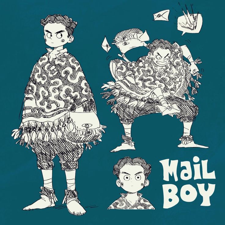an illustration of a mail boy anime character. the image shows the character in different poses and expressions. the text "mail boy" is written in the bottom right corner of the image. the image is drawn in black and white on a blue background.