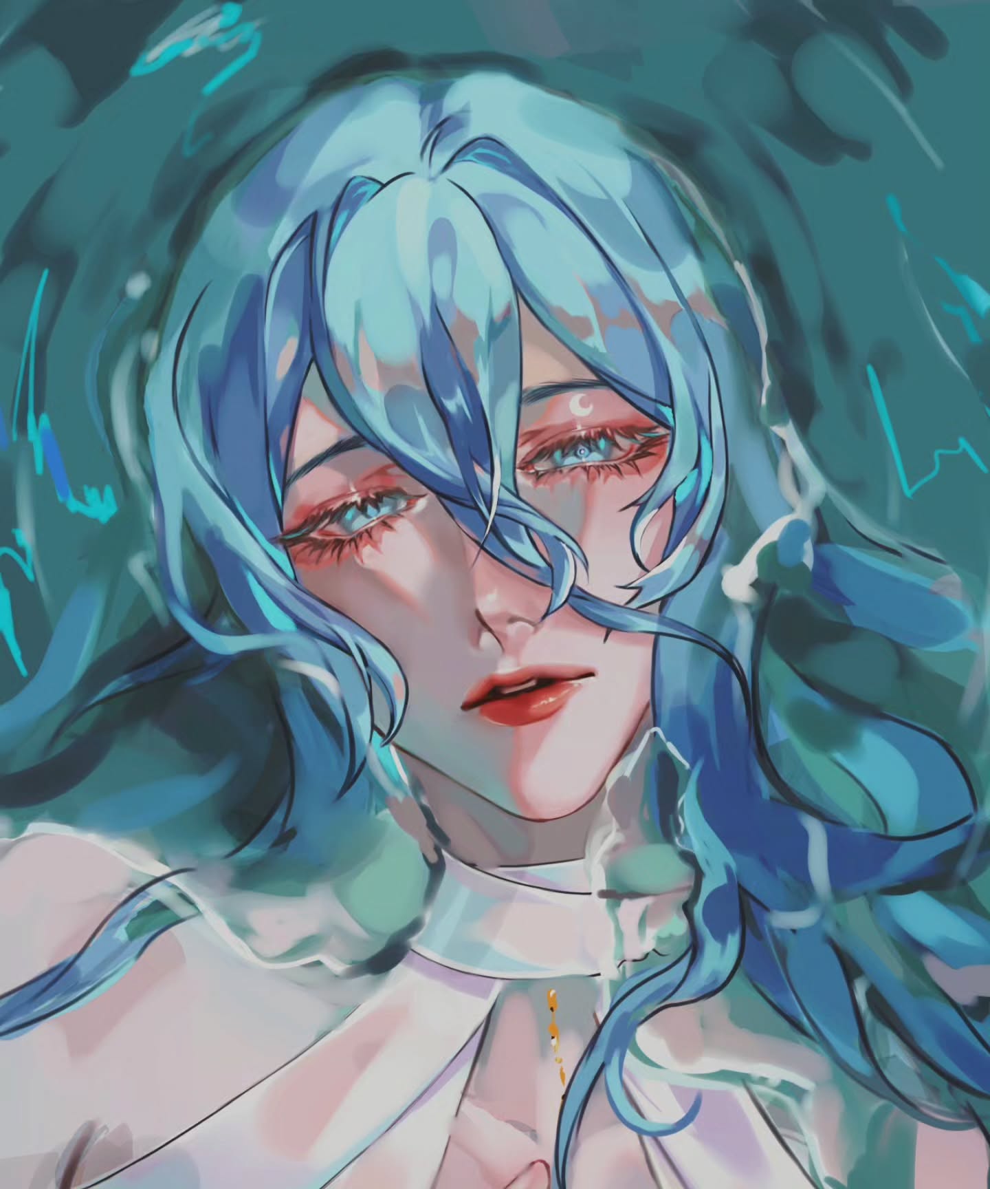 the image is a digital painting or illustration of a young woman, animestyle, with long, flowing blue hair. she appears to be submerged underwater, as the background is a blurry depiction of water with hints of teal and blue. her expression is serene and peaceful. she is wearing a white, almost translucent dress or gown. the overall style is ethereal and dreamy, with soft colors and a focus on light and texture. the artwork creates a sense of calm and mystery.