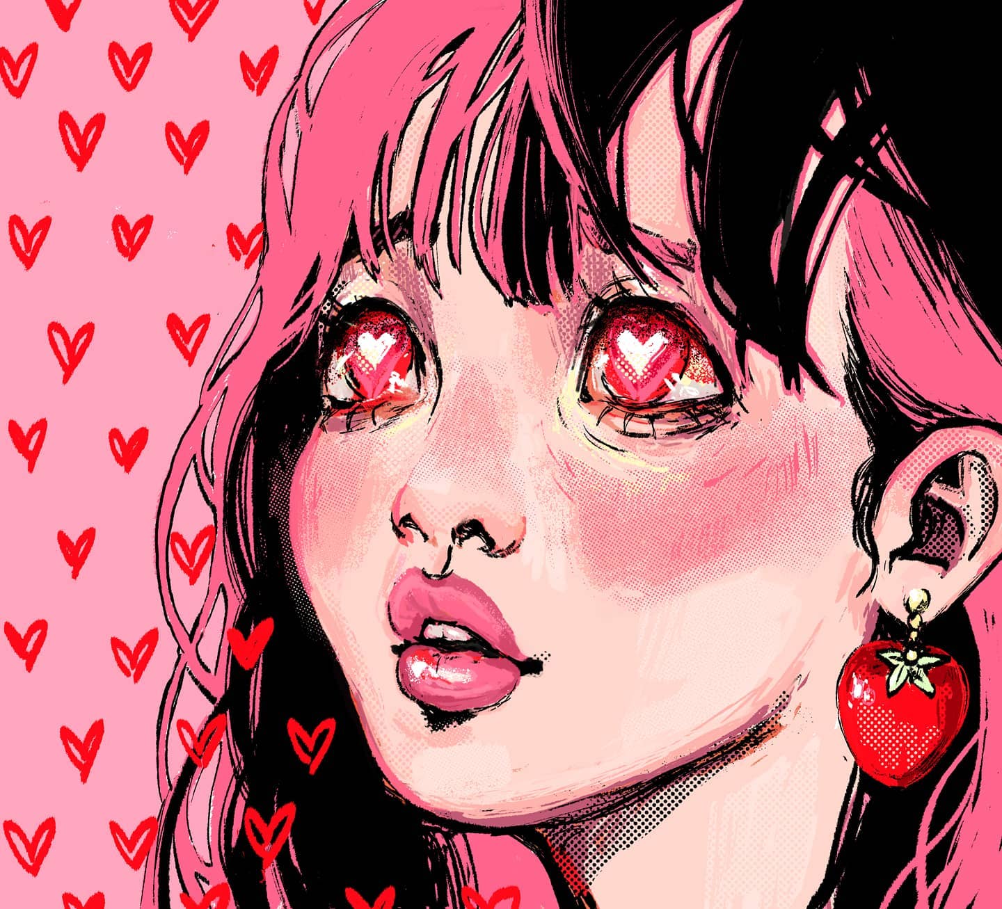 the image is a stylized portrait of a girl with pink and black hair. her eyes are large and expressive, with hearts reflected in them.  she is wearing strawberryshaped earrings. the background is covered in small red hearts on a pink background. the style is reminiscent of anime, manga, and pop art, with bold lines, vibrant colors, and a focus on expressive features. the overall mood is sweet, cute, and romantic.