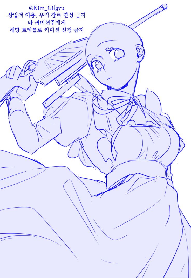 a blue outline drawing of a young anime girl with a gun slung over her shoulder. she is standing in a dynamic pose, with her hand raised in a shooting position. the drawing is on a white background.