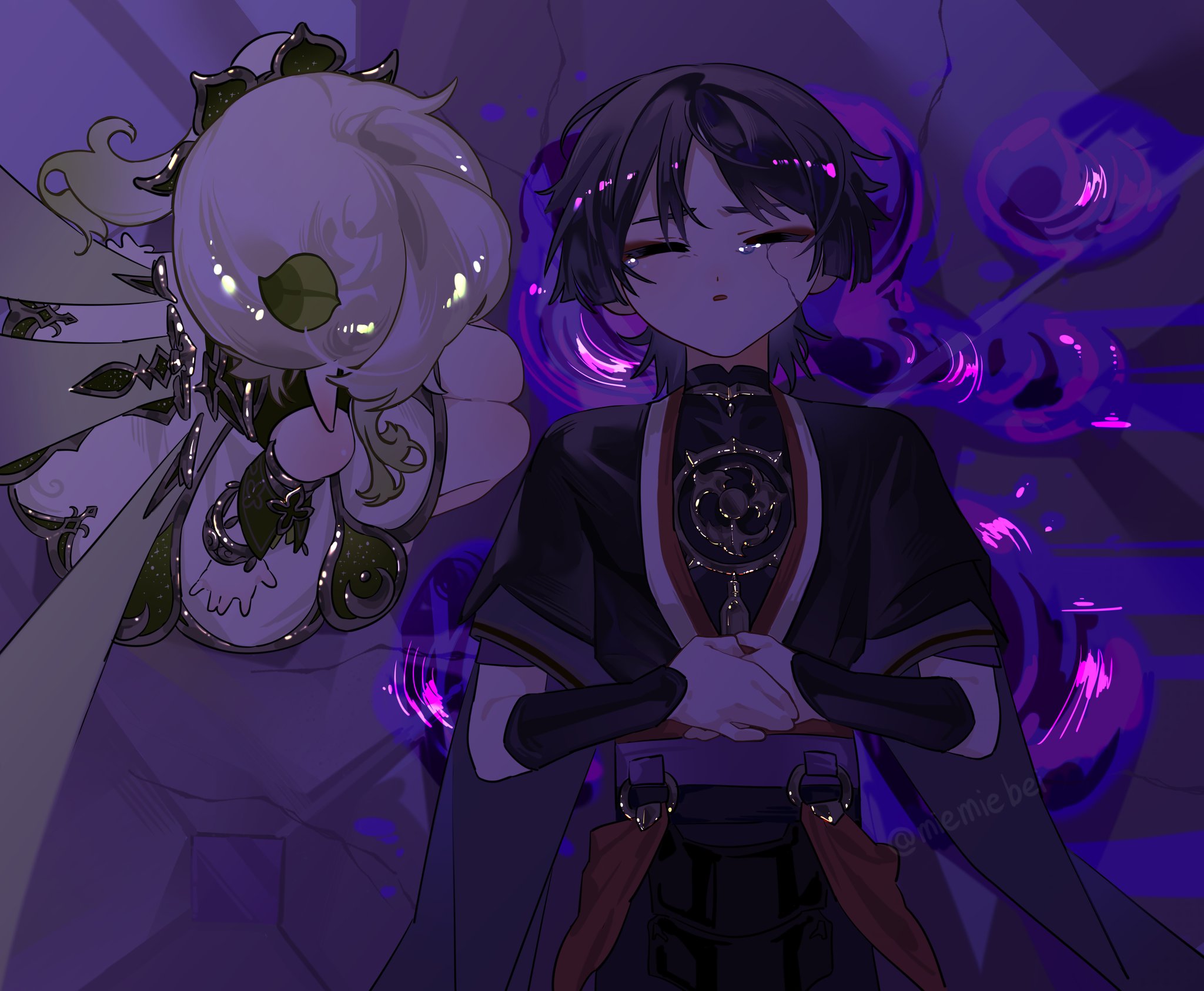 the image depicts a male and female anime character with purple magical effects swirling around them. the male is wearing a dark outfit with gold accents and has purple hair. he appears to be crying and distressed. the female character is behind him, and her head is mostly obscured. she appears to be wearing a white and green dress with a purple and black overlay. the background is a dark purple with swirling purple magical effects.  the mood of the image is dark and melancholic.