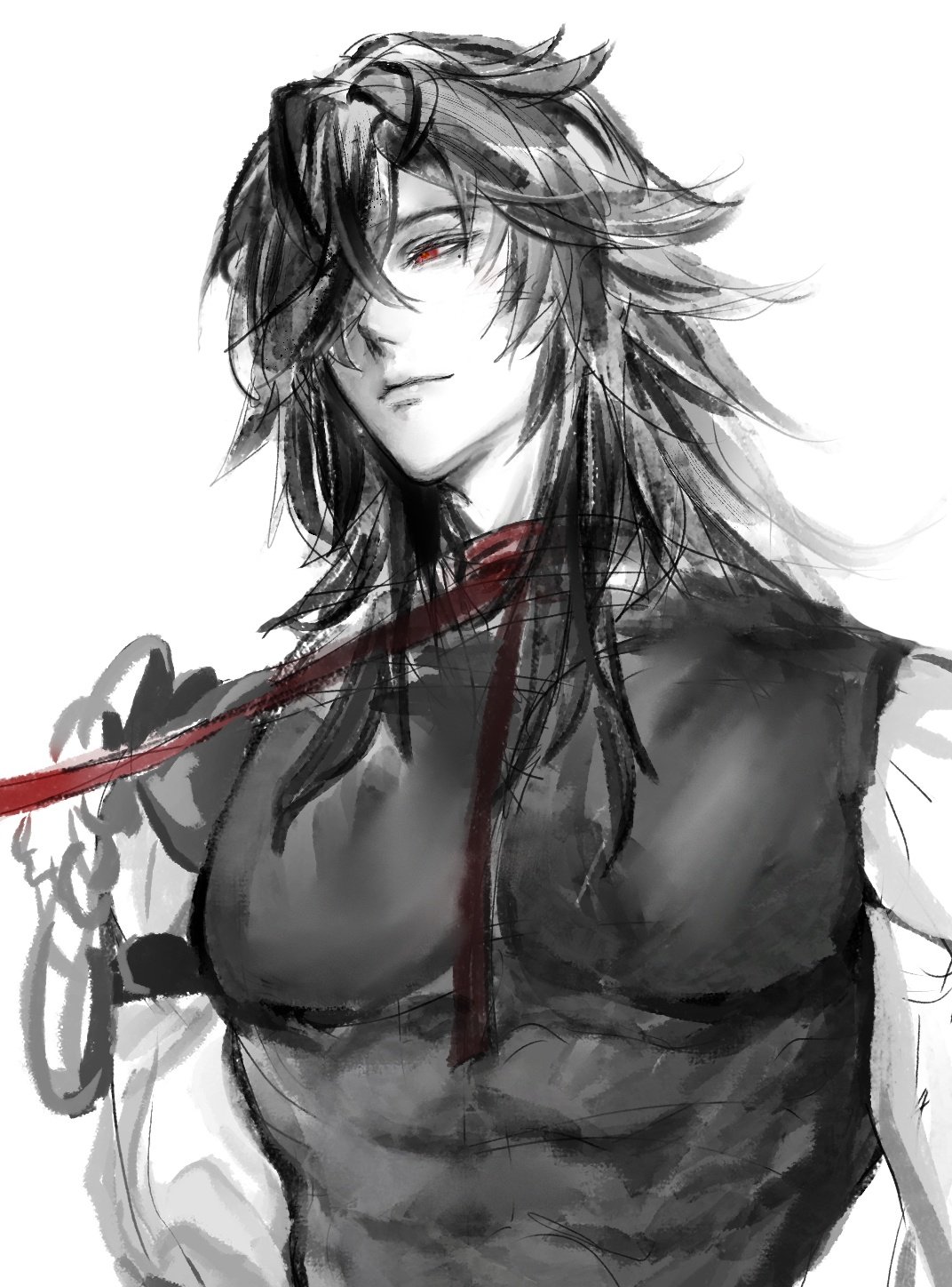 a closeup black and white digital painting of a handsome male anime character with long black hair and red eyes. the character has a serious expression, and a red ribbon tied around his neck. his long hair partially covers one of his eyes, while his other is staring intensely into the distance. the art style is elegant and mysterious, making the character seem powerful and captivating.