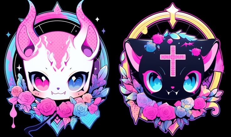 two cartoon kittens, one white with pink horns and pink and blue eyes, and the other black with a pink cross on its head and blue and pink eyes, are framed by floral arrangements and geometric designs against a black background. the style is reminiscent of kawaii anime or animation.