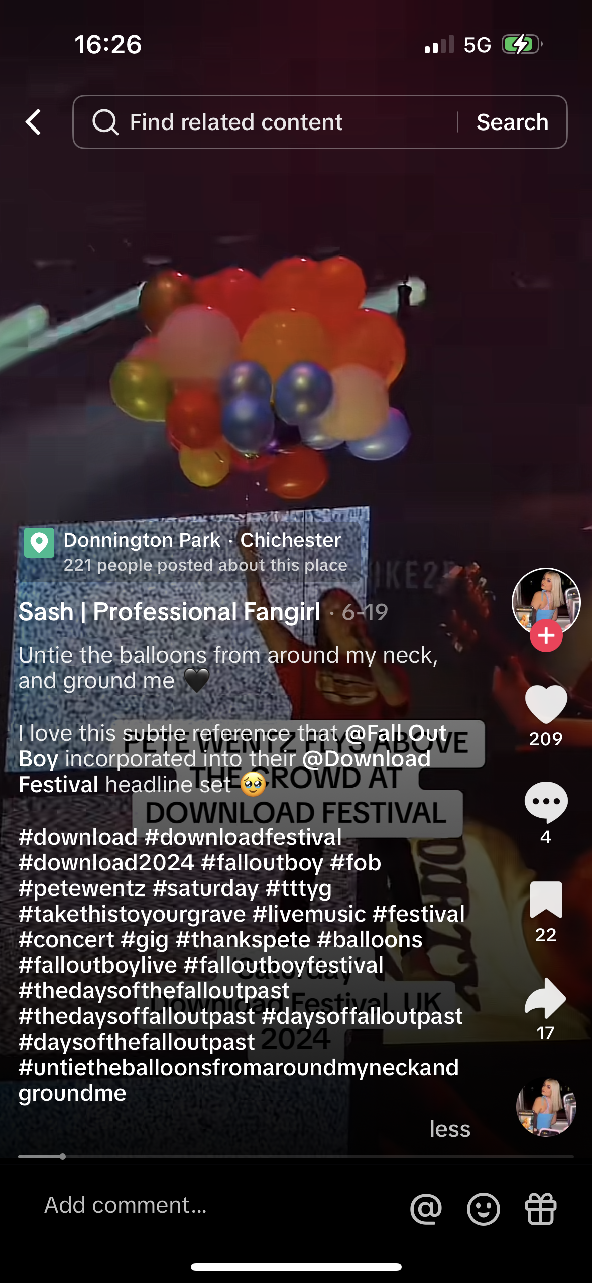 this is a screenshot of a post on the social media app tiktok. the post is made by a young woman who is attending download festival 2024 and is a fan of the band fallout boy. she is holding up a bunch of balloons and is smiling.  the caption says, "untie the balloons from around my neck, and ground me. i love this subtle reference that @fall out boy incorporated into their @download festival headline set."  the post has over 200 likes and several comments. the background of the image is a concert venue. the image contains a number of hashtags, including #downloadfestival, #falloutboy, and #petewentz.