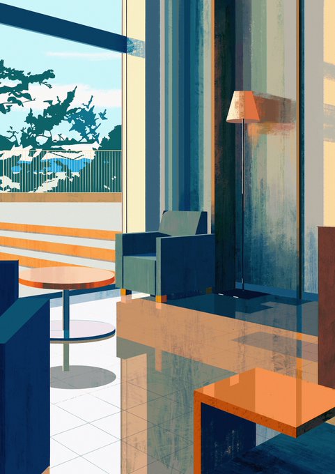 the image is an abstract, geometricstyle painting of an interior space. a window reveals trees and sky outside. a bluegreen armchair sits near a table with an orange top. a floor lamp stands against a wall with blue, green, and brown vertical stripes. orange light and shadows create geometric patterns on the floor and walls. the artwork has a modern, contemporary feel.