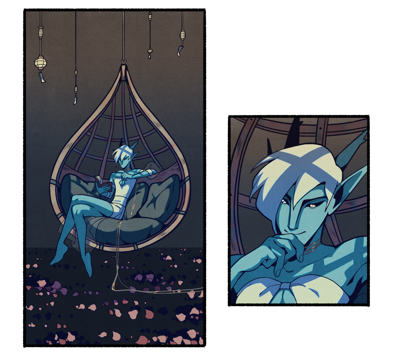 an illustration of a blueskinned elf lounging in a hanging chair reading a book. he's surrounded by flower petals, and the room is lit by string lights. a second image shows a closeup of his face.