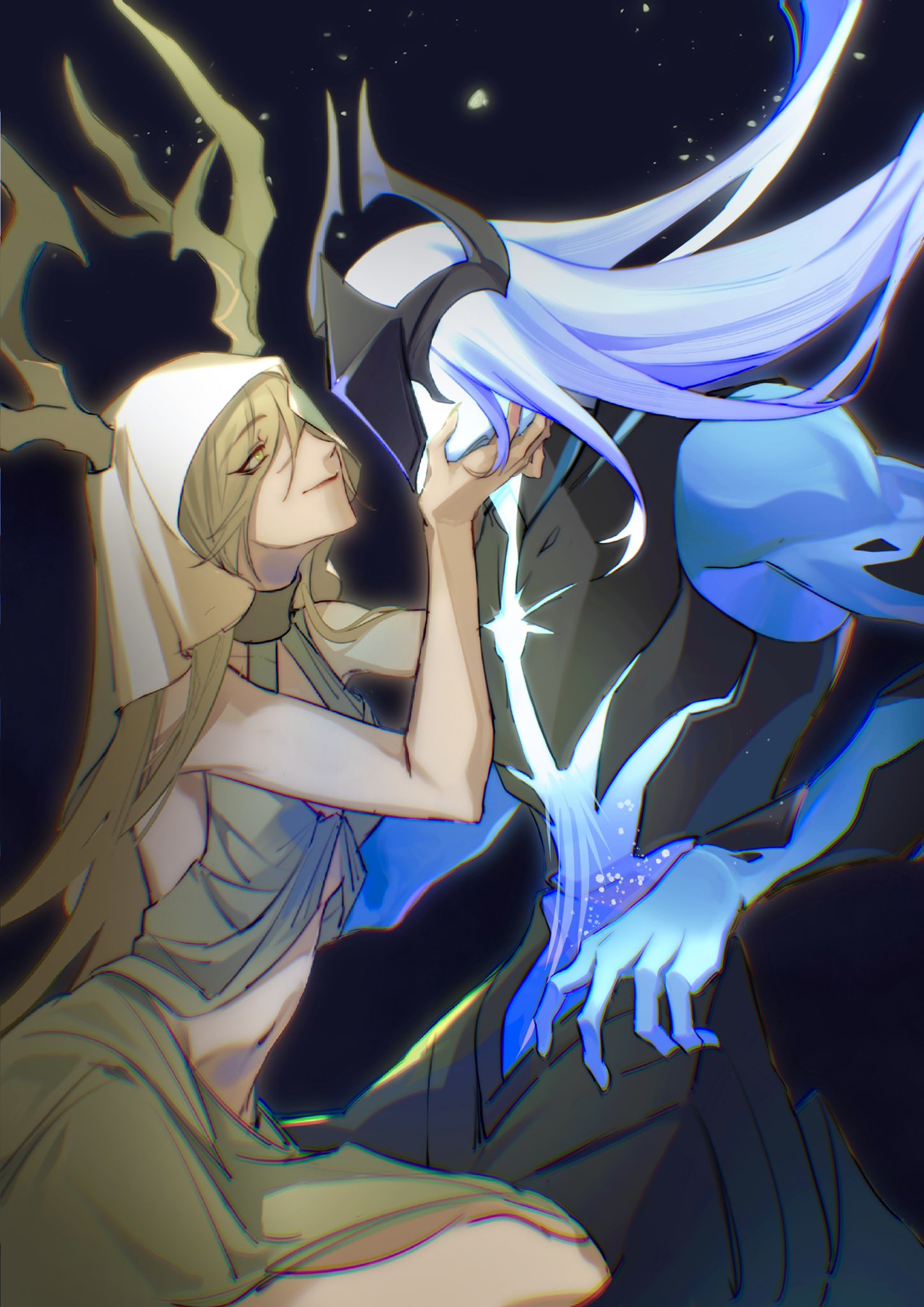 the image features a digitally drawn animestyle illustration of a man and a woman in a fantasy setting. the woman, positioned on the left, has long blonde hair and fair skin. she is wearing a simple white veil or head covering, and a lightcolored, flowing dress that reveals part of her abdomen. she is looking up at the man with a gentle, affectionate smile. the man, on the right, has a darker, more mysterious appearance. he wears a black masklike head covering and has long, flowing blue hair that seems to be made of energy or light. he has glowing blue accents on his body and a blue glow emanates from his hands. the background is dark, with a few small white dots that may represent stars. the overall impression is one of love, light and darkness, and fantasy.