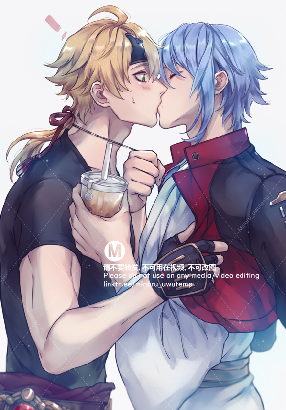 this is a digital illustration of two anime men, both with colorful hair. the man on the left has blond hair and is wearing a black shirt, while the