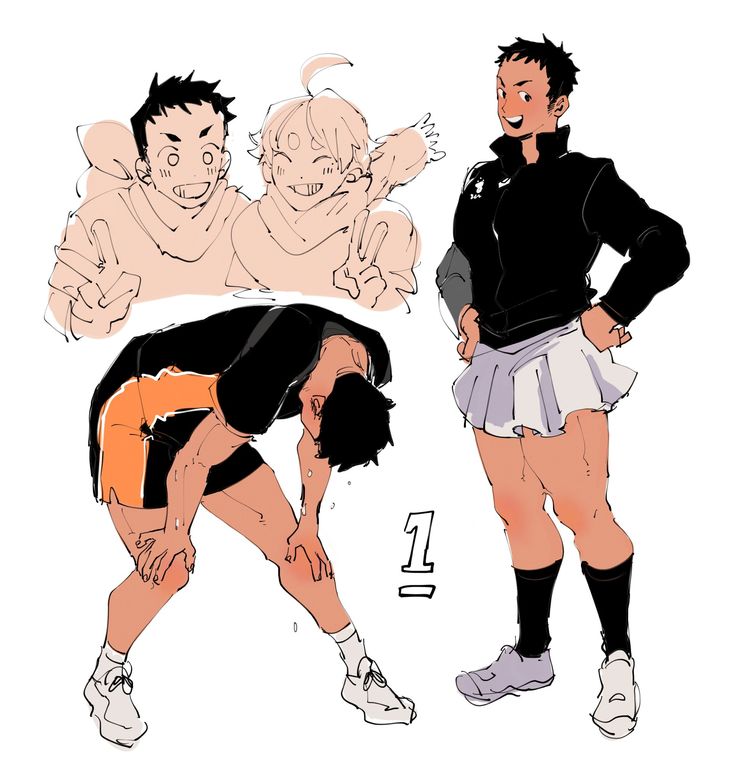 the image is a digital drawing featuring three distinct animestyle male characters. one character is shown in the foreground, bending over, seemingly exhausted or stretching,  wearing a volleyball uniform consisting of orange shorts and a black top. next to this character is a smaller, more stylized illustration of two boys with peace signs, possibly conveying a friendly, casual mood. the third character, on the right, is shown wearing a black jacket and a white pleated skirt, showcasing a humorous juxtaposition of traditionally masculine and feminine clothing styles. the overall style of the art is loose and expressive, suggestive of quick, informal sketches rather than highly polished artwork.  the number "1" is included near the central character, possibly indicating sequence or ranking in a series.