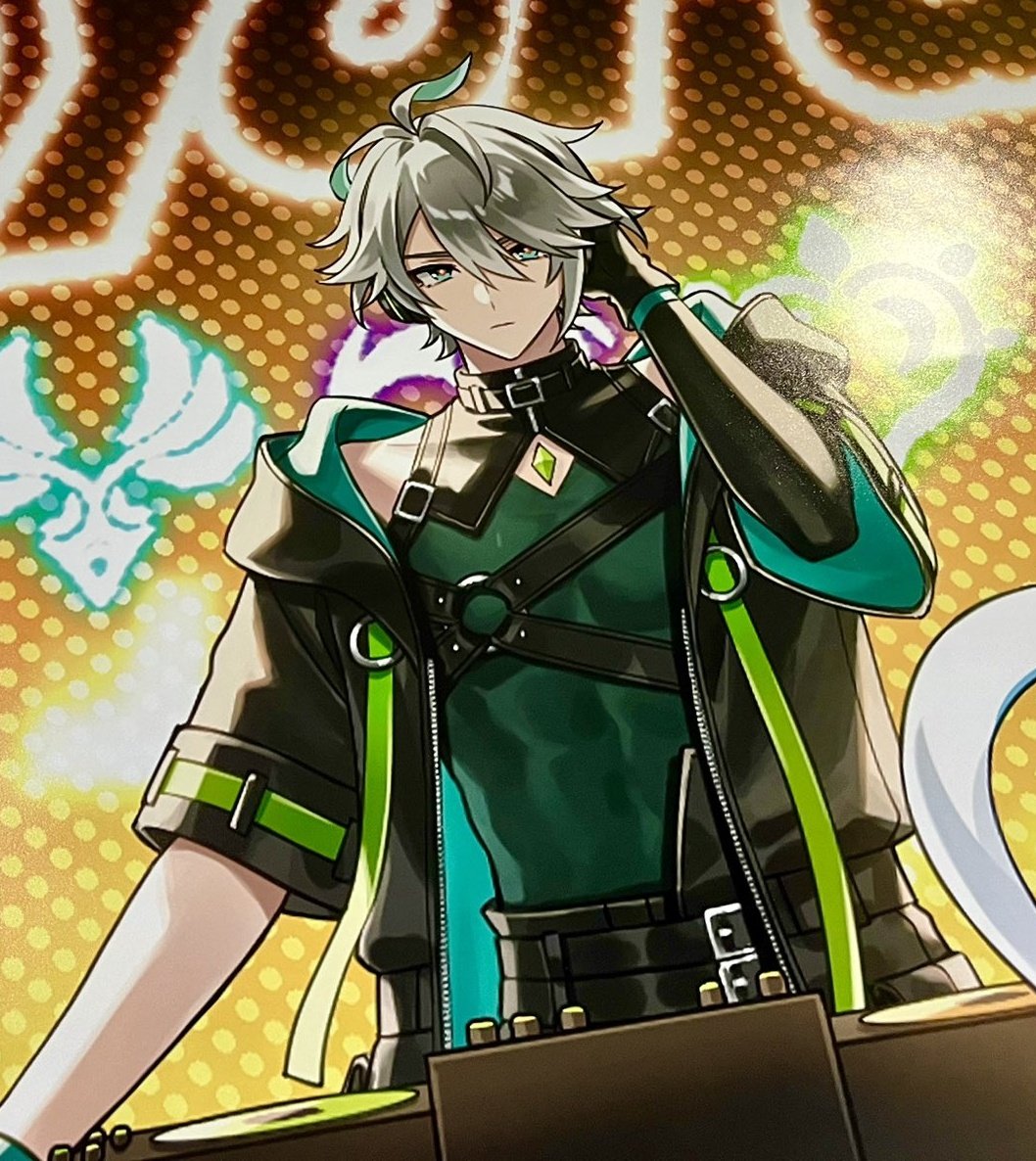 the image shows an anime character with silver hair and green eyes, wearing a green and black jacket, black headphones, and a black and green outfit. he's standing in front of a dj setup, holding a headset and posing, with a microphone on his left ear. there's a yellow and green dotted background, giving a stagelike feel. the character looks energetic and ready to perform.