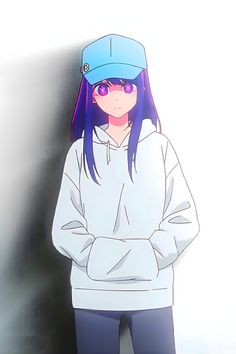 the image showcases a young anime girl with striking purple hair and matching purple eyes. she's dressed in casual attire, sporting a white hoodie and black leggings. her blue baseball cap adds a touch of coolness to her look. she stands against a simple white background, her posture conveying a sense of shyness or quiet confidence. the soft lighting enhances the gentle and approachable aura of the character.