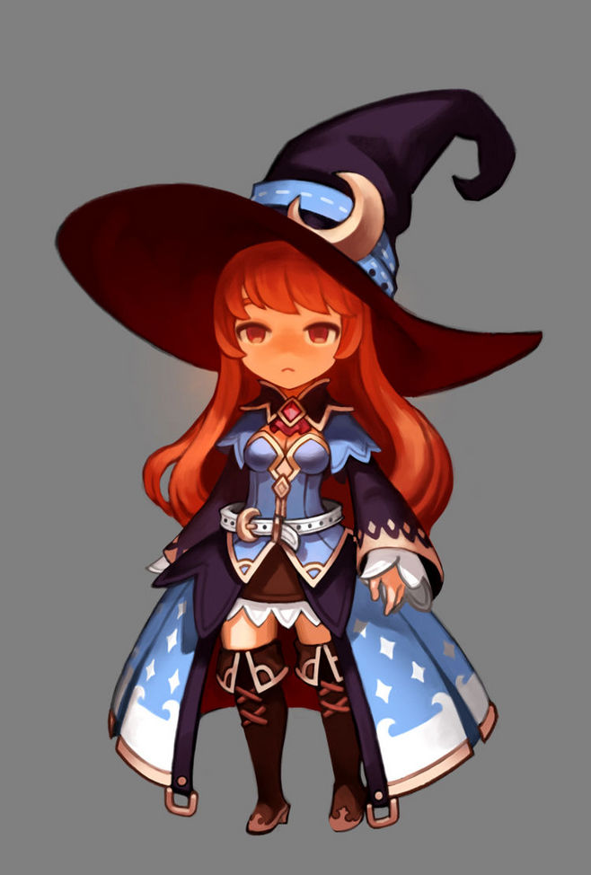 a digital illustration of a young, cartoonstyle witch set against a neutral gray background. she has bright orange hair, fair skin, and an annoyed expression. she wears a large, floppy witch's hat in dark purple adorned with a crescent moon. her attire includes a blue and white robe with a celestial pattern, a brown bodice with gold accents, brown gloves, and thighhigh brown boots. her overall design suggests a blend of cuteness and magical prowess.