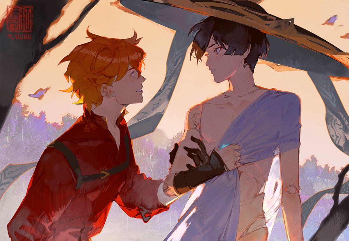 the image shows a fan art illustration of childe and scaramouche from the video game genshin impact. childe, with his red hair and red shirt, is looking up at scaramouche who is partially unclothed, draped with a blue cloth and wearing a dark glove or gauntlet. the background is filled with warm sunset colors and light, and there are stylized trees and floating butterflies present.