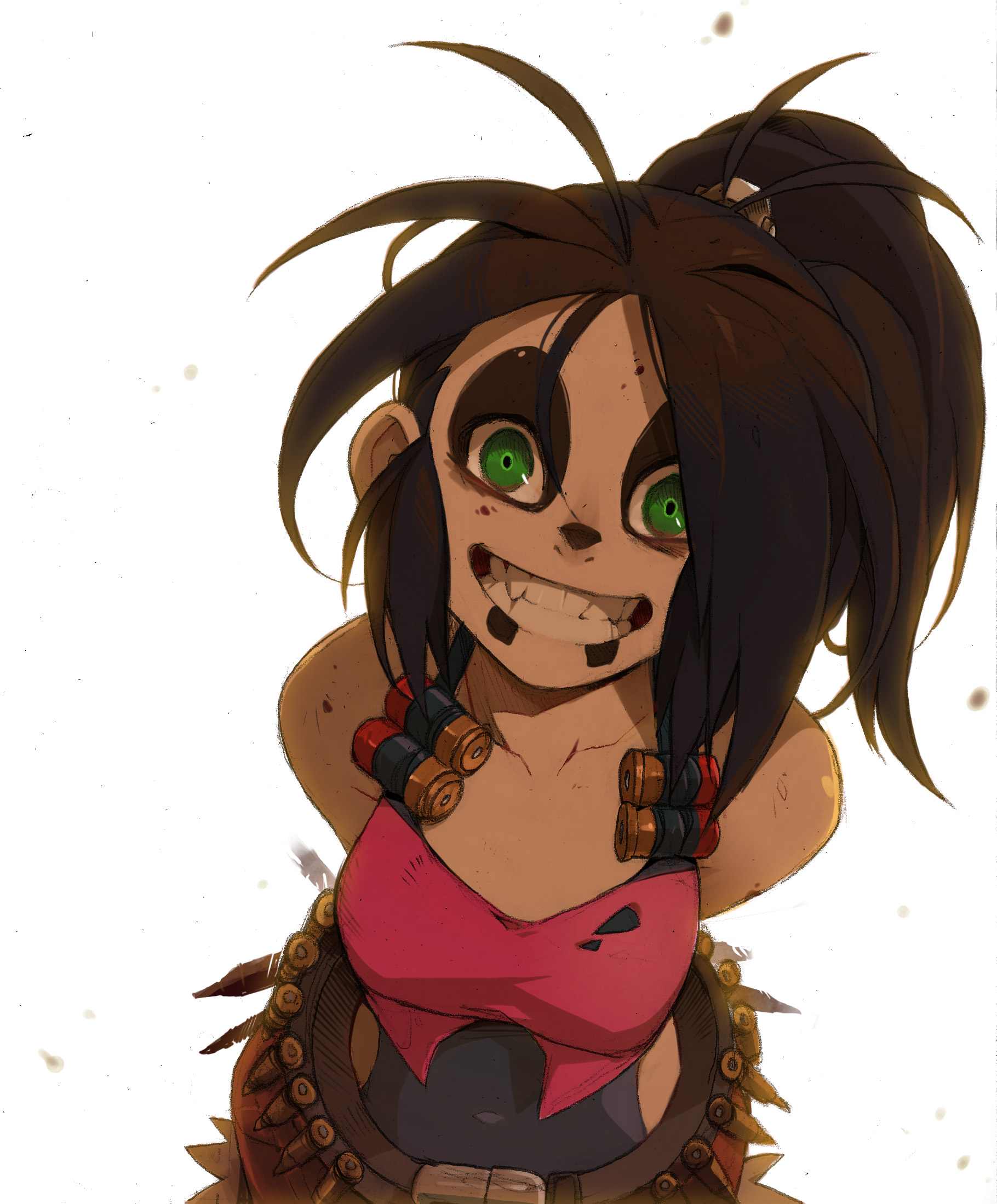 his is a digital drawing of a female character. she has an exaggerated, cartoony art style with large green eyes, sharp teeth, and a wide, somewhat manic grin. her brown hair is pulled back in a messy ponytail. she is wearing a torn pink tank top and has ammunition belts strapped around her torso and arms. the background is white with a few specks that could be dirt or debris.