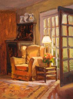 this is an oil painting depicting the interior of a house, specifically a living room, with sunlight shining through the doorway.  there is a chair, end table and lamp in the room. a bouquet of roses sits on the end table.  the door is open and there is a rug on the floor.