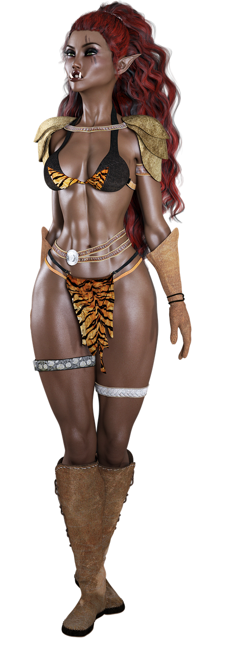 a fullbody digital art image features a female orc warrior with red curly hair, standing in a dark background. she is clad in tribal attire, including a tigerprint bikini top and thong, along with gold shoulder pads and brown gauntlets. her lower body is adorned with a tigerprint loincloth and fur boots. the orc has dark skin, pronounced abs, visible tusks, and elflike ears. she has a muscular build.