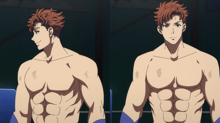 two depictions of the same muscular anime man with short brown hair and blue eyes.  the image on the left is a profile view while the image on the right is a frontal view. the man is shirtless and has noticeable scars on his arms and torso.  he appears to be a wrestler or fighter in a ring.