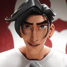 this is a closeup shot of an adult, male, animated character. the character has dark hair, brown eyes, and tan skin. the image appears to be from a digitally animated film or series. the background is red. the character is wearing a white tshirt. the image is brightly lit, as if with studio lighting. the perspective of the image is at eye level with the character.