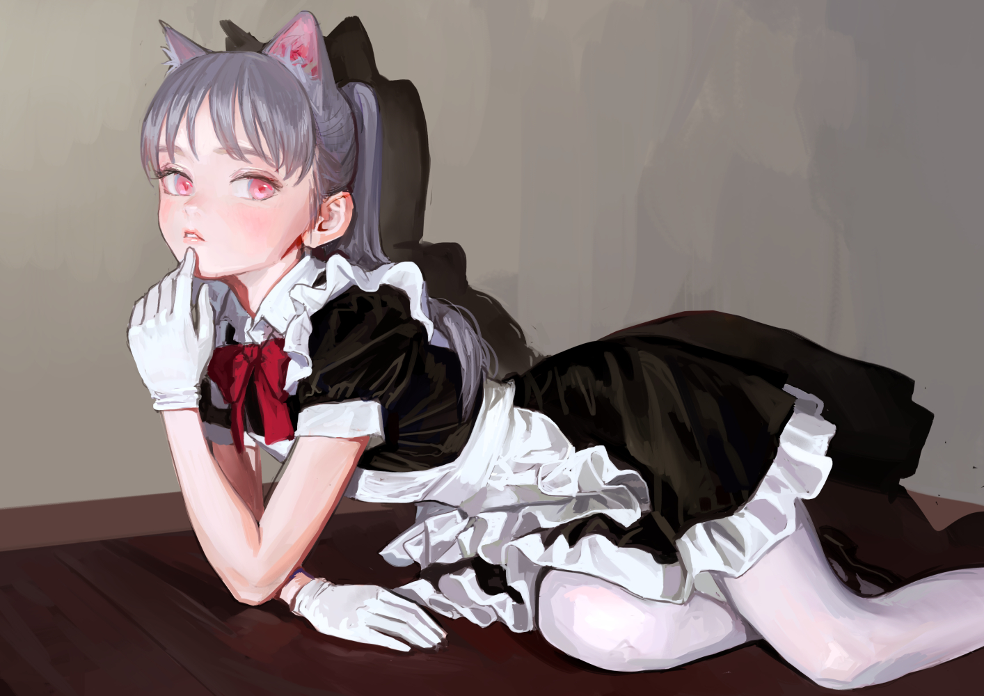 an animestyle illustration of a young woman in a black and white maid outfit, complete with white gloves, a red ribbon at the collar, and frilly edges on the skirt and sleeves. she has gray hair with cat ears and pink eyes. she's lying on a dark wooden surface indoors with a shadow behind her, looking thoughtfully at the viewer with a finger to her lips.
