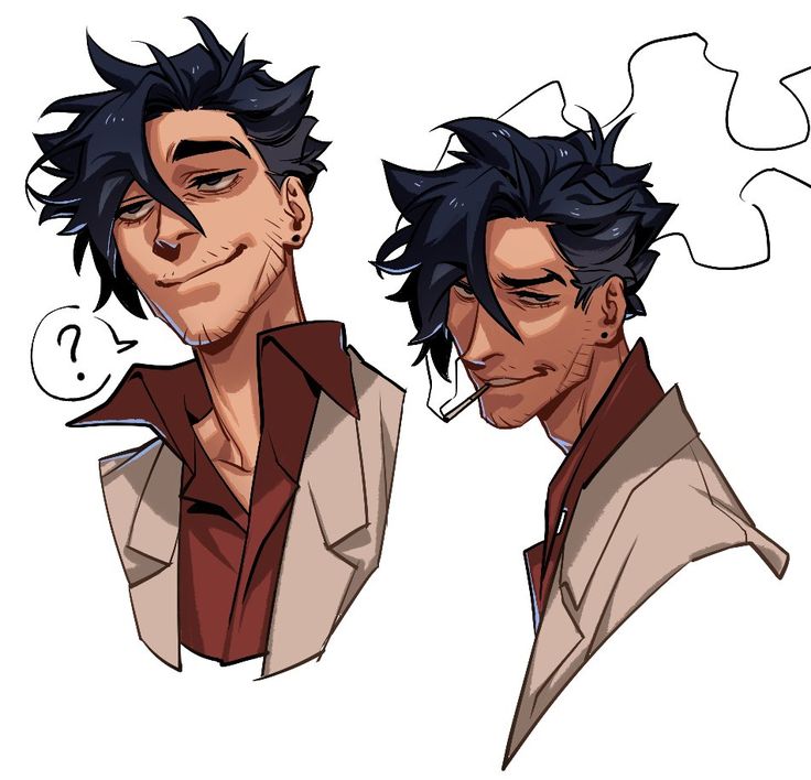 the illustration showcases two portraits of a handsome anime character with a casual, stylish look. both portraits depict the same character in different poses and expressions.the first portrait shows the character from the waist up, with his hair styled in a sweptback manner, revealing his sharp features. he's wearing a light brown jacket over a red collared shirt, and he has a thoughtful yet curious expression on his face, indicated by his slightly tilted head and questioning look. a speech bubble with a question mark is placed above his head, adding to his contemplative mood.the second portrait captures the character from the neck up, with his hair styled in a similar way but emphasizing his side profile. he's wearing a white jacket, and his expression is more confident and relaxed, with a slight smirk playing on his lips. a cigarette is placed in his mouth, adding a hint of rebelliousness to his overall look. the contrasting expressions and poses in these portraits highlight the character's complex nature, blending a sense of curiosity and confidence. the detailed line work and dynamic shading create a sense of depth and life, further enhancing the character's attractiveness and individuality.