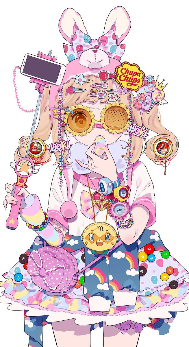 this is a colorful illustration of a cartoon anime girl.  she has blonde hair, bunny ears with a pink headband with a bow on it. she is wearing a pink and white dress with a rainbow and candy pattern. she is holding a smartphone selfie stick with a star wand in her other hand. she is wearing many accessories including a necklace, bracelets, and earrings.  the background is white.