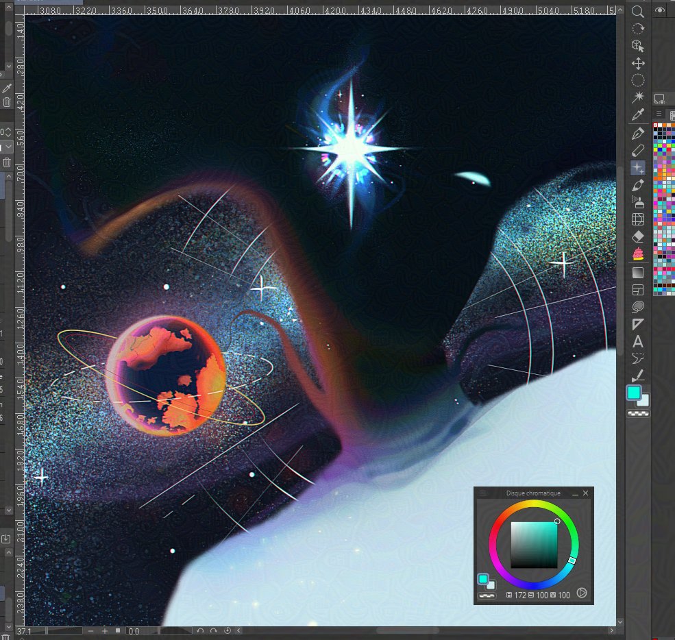 the image showcases a digital painting depicting a surreal space scene.  a vibrant, orangetoned planet is centrally located, surrounded by swirling nebulae and cosmic dust. a bright, starlike object shines in the upper part of the artwork. the overall style is dreamlike and abstract, with flowing lines and textured brushstrokes creating a sense of depth and movement. part of a figure, possibly a face, seems to emerge from the right side of the composition, partially obscured by the celestial elements.  the image also displays a portion of the clip studio paint interface, showing the color picker and other tools. the color scheme is predominantly dark, with contrasting highlights from the planet and star, creating a visually captivating effect.