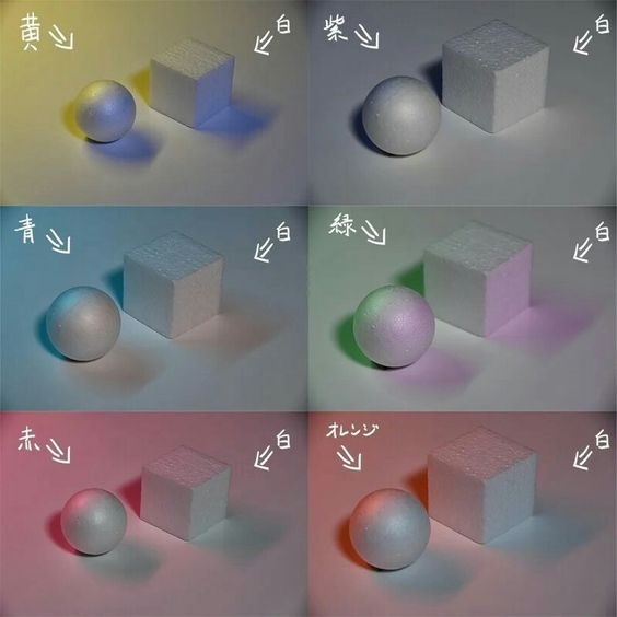 the image shows a series of six photographs, arranged in two rows of three. each photograph features a white sphere and a white cube on a white surface. the only element that changes across the photographs is the color of the lighting, resulting in the objects and their shadows appearing in different hues.