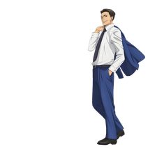 this image shows a cartoon drawing of a man wearing a blue suit, white shirt, and blue tie with his jacket over his shoulder.  he appears to be thinking. the background is solid white.