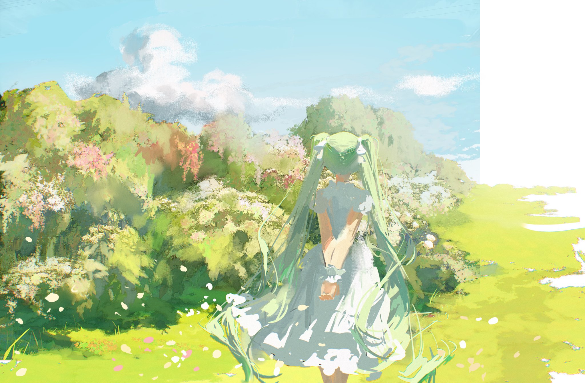 the image is a digital painting depicting an animestyle girl with long, bright green twintails and a flowing white dress. she's standing in a sunny meadow filled with green grass, flowers, and bushes. the background is a lush landscape with colorful blooms, suggesting a spring or summer setting. the overall style is soft, whimsical, and ethereal, with pastel colors and a dreamlike quality. the girl's back is to the viewer, creating a sense of mystery and peaceful contemplation. the style is painterly, with visible brushstrokes and a blend of sharp and soft lines. the painting is beautifully composed, with a balanced use of light and shadow, creating a very appealing visual narrative.