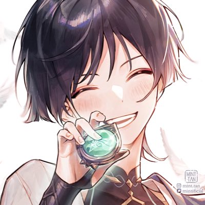 the image is a digital illustration of an anime boy with short black hair. he has a wide smile showing all his teeth, and his eyes are closed. his cheeks are flushed and he is holding a green pendant in his hand. he is wearing a white shirt with a black collar and a dark green jacket. the background is white with a few feather shapes. the illustration is drawn in a very detailed and realistic style. it is a very cute and happy image.