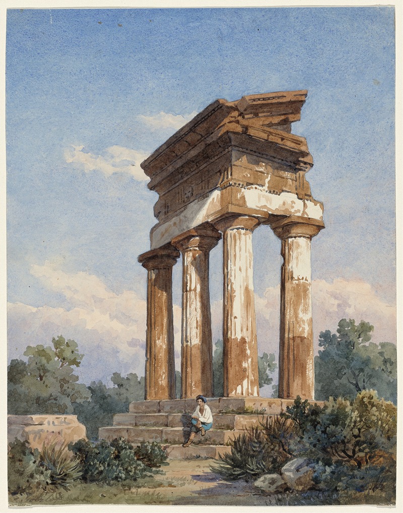 a watercolor painting depicts the ruins of an ancient temple. the temple has four columns supporting a partially collapsed roof structure. a man is sitting on the steps leading up to the temple. trees and vegetation surround the temple, and the sky is visible in the background with some clouds.